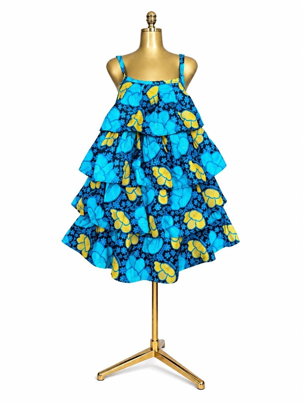 Small Ankara Blue & Yellow Floral Tiered Sundress-One Size Fits US 8-14
